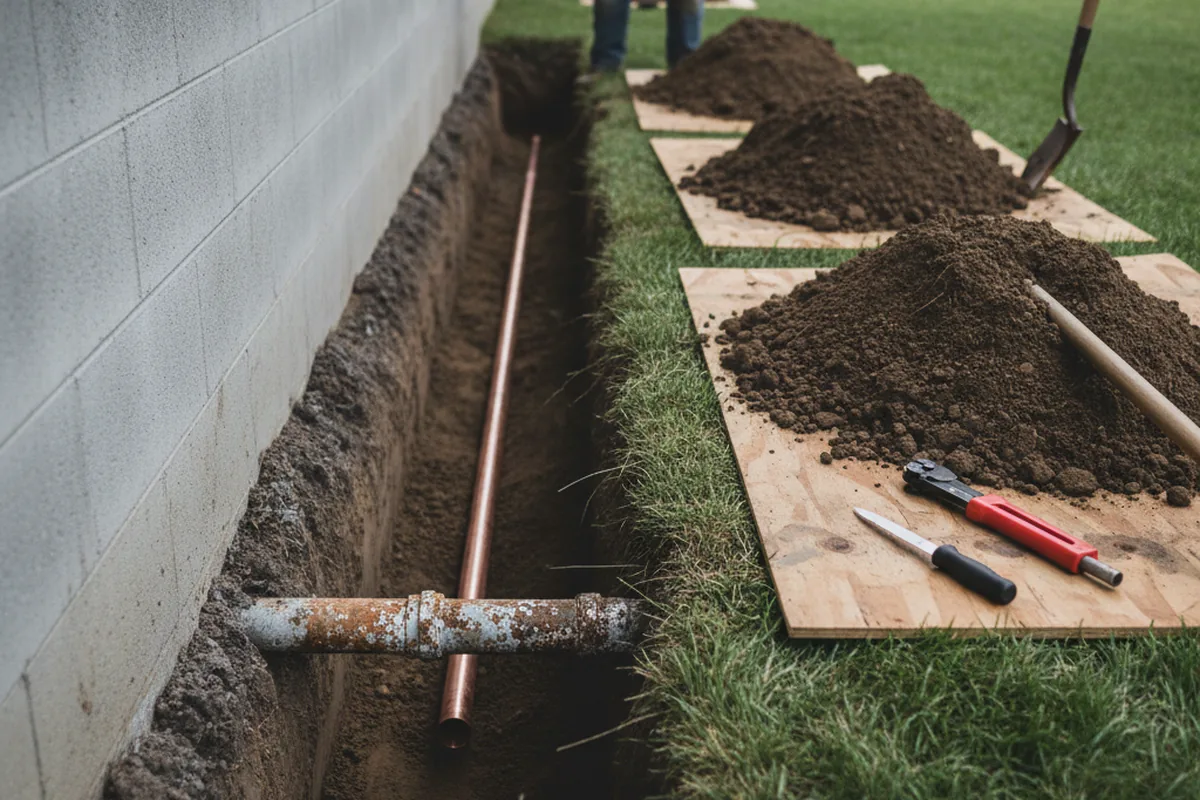 Excavated water line trench during Water Softener Installation in Shipman